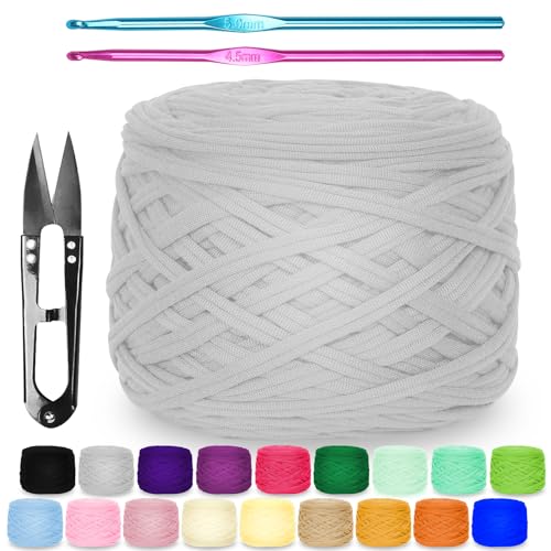 Zefphxs 290g T-Shirt Garn, Bändchengarn Polyester Rope zum Häkeln, T Shirt Garn, Textilgarn zum häkeln für körbe Teppiche, Heimdekoration, DIY-Kunsthandwerk (Hellgrau) von Zefphxs