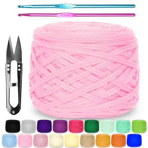 Zefphxs 290g T-Shirt Garn, Bändchengarn Polyester Rope zum Häkeln, T Shirt Garn, Textilgarn zum häkeln für körbe Teppiche, Heimdekoration, DIY-Kunsthandwerk (Hellrosa) von Zefphxs
