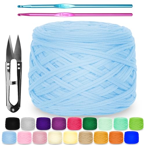 Zefphxs 290g T-Shirt Garn, Bändchengarn Polyester Rope zum Häkeln, T Shirt Garn, Textilgarn zum häkeln für körbe Teppiche, Heimdekoration, DIY-Kunsthandwerk (Himmelblau) von Zefphxs