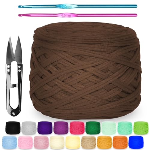 Zefphxs 290g T-Shirt Garn, Bändchengarn Polyester Rope zum Häkeln, T Shirt Garn, Textilgarn zum häkeln für körbe Teppiche, Heimdekoration, DIY-Kunsthandwerk (Karamellbraun) von Zefphxs