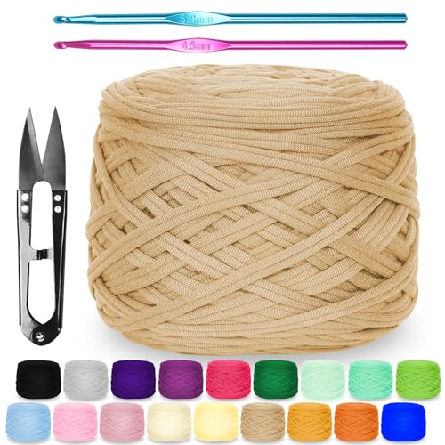 Zefphxs 290g T-Shirt Garn, Bändchengarn Polyester Rope zum Häkeln, T Shirt Garn, Textilgarn zum häkeln für körbe Teppiche, Heimdekoration, DIY-Kunsthandwerk (Khaki) von Zefphxs