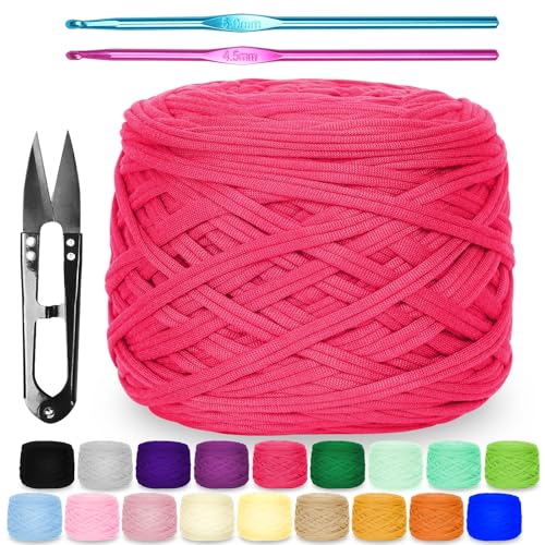 Zefphxs 290g T-Shirt Garn, Bändchengarn Polyester Rope zum Häkeln, T Shirt Garn, Textilgarn zum häkeln für körbe Teppiche, Heimdekoration, DIY-Kunsthandwerk (Rosarot) von Zefphxs