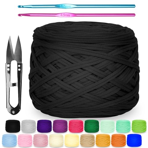 Zefphxs 290g T-Shirt Garn, Bändchengarn Polyester Rope zum Häkeln, T Shirt Garn, Textilgarn zum häkeln für körbe Teppiche, Heimdekoration, DIY-Kunsthandwerk (Schwarz) von Zefphxs