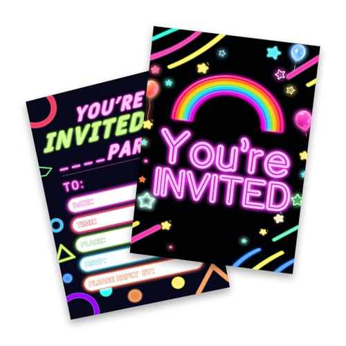 20 x Neon-Regenbogen-Party-Einladungen, Neon-Themenparty-Einladungen, rechteckige Karten, leuchten im Dunkeln, lebendige Einladungskarten für Kindergeburtstage, Spielabende, Disco-Festivals von Zefrorden