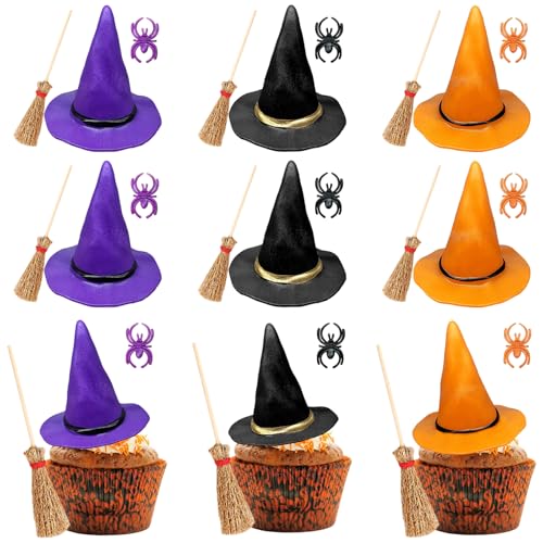 27-teiliges Halloween-Hexen-Thema-Kuchenaufsatz-Set, Mini-Hexenhüte, Besen und Spinnenringe für Cupcake-Dekorationen, Hexen-DIY-Partyzubehör, Zauberer-Geburtstagstorten-Dessert-Dekoration von Zefrorden