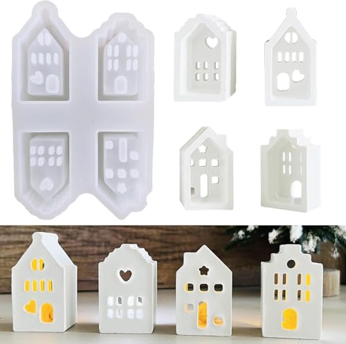 Silikonformen Gießformen Häuser, 4PCS Silikonform Weihnachten Gießformen Silikon Gießform Haus Kerzenhalter Weihnachten Gipsformen zum Gießen Silikonform Haus für DIY Weihnachten Handwerk von Zehaokay