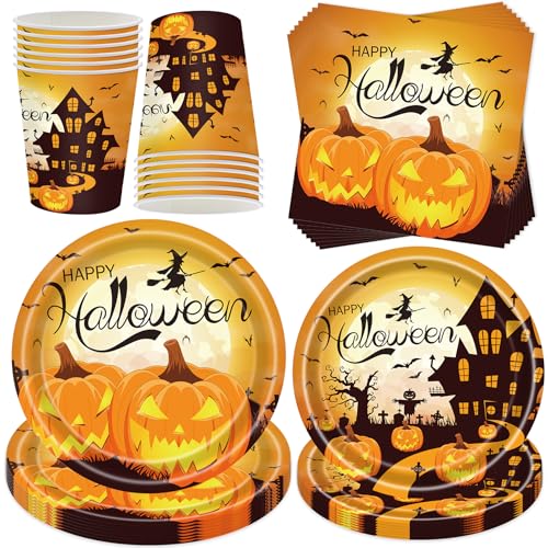 50 Stück Halloween Partygeschirr Set,Halloween Geschirr,Kürbis Geschirrset Dekoration,Gruseliges Geschirrset,Partyzubehör Geburtstage,Mit Teller Becher Servietten Kürbis Deko Party für Kinder von ZeiLaBang Kakadi