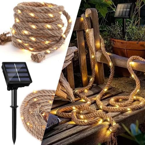Solar Lichterkette Seil,5M Solarseil Lichterkette mit 100 LEDs,Solar Hanfseil Lichterkette,Wasserdicht Fee Lichterkette Aussen,Solar Rope Lights für Garten Balkon Terrasse Weihnachten Party ﻿ von ZeiLaBang Kakadi