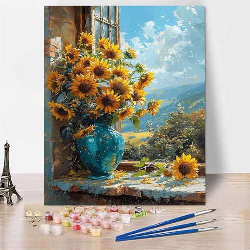 Malen Nach Zahlen Erwachsene Anlage Malen Nach Zahlen, Paint by Numbers Sonnenblume Painting by Numbers Bastelset Erwachsene mit 3 Pinseln und Acrylfarbe für Zimmer Deko, Geschenke 40 x 50 cm -zp253G7 von Zeipopge