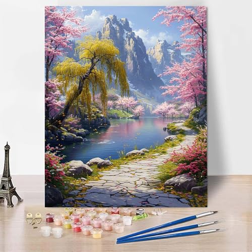 Malen Nach Zahlen Erwachsene Berg Malen Nach Zahlen, Paint by Numbers Kirschblüten Painting by Numbers Bastelset Erwachsene mit 3 Pinseln und Acrylfarbe für Zimmer Deko, Geschenke 40 X 60 CM -zp25363 von Zeipopge