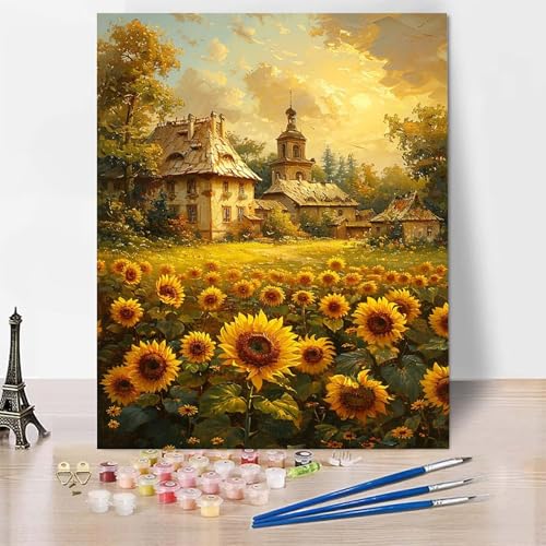 Malen Nach Zahlen Erwachsene Häuser Malen Nach Zahlen, Paint by Numbers Sonnenblume Painting by Numbers Bastelset Erwachsene mit 3 Pinseln und Acrylfarbe für Zimmer Deko, Geschenke 20 x 30 cm -zp2535F von Zeipopge