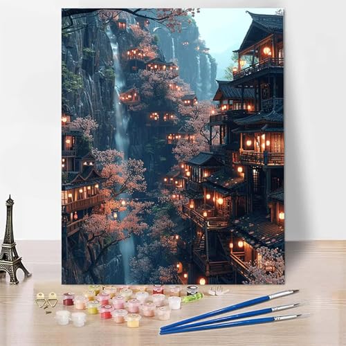 Malen Nach Zahlen Erwachsene Japanische Architektur Malen Nach Zahlen, Paint by Numbers Fallen Painting by Numbers Bastelset Erwachsene mit 3 Pinseln und Acrylfarbe für Deko (100 x 135 cm) -zp25322 von Zeipopge