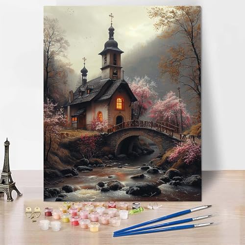 Malen Nach Zahlen Erwachsene Kirschblüten Malen Nach Zahlen, Paint by Numbers Kirche Painting by Numbers Bastelset Erwachsene mit 3 Pinseln und Acrylfarbe für Zimmer Deko (40 x 60 cm) -zp2536719BB von Zeipopge