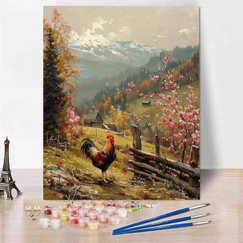Malen Nach Zahlen Erwachsene Landschaft Malen Nach Zahlen, Paint by Numbers Huhn Painting by Numbers Bastelset Erwachsene mit 3 Pinseln und Acrylfarbe für Zimmer Deko, Geschenke 30 X 40 CM -zp253OC von Zeipopge