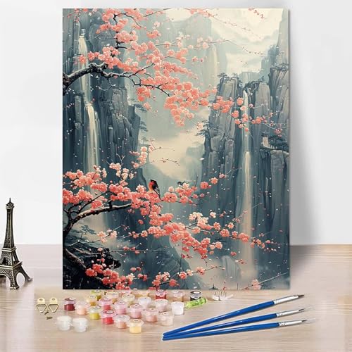 Malen Nach Zahlen Erwachsene Landschaft Malen Nach Zahlen, Paint by Numbers Kirschblüten Painting by Numbers Bastelset Erwachsene mit 3 Pinseln und Acrylfarbe für Zimmer Deko 20 x 30 cm -zp2533B von Zeipopge