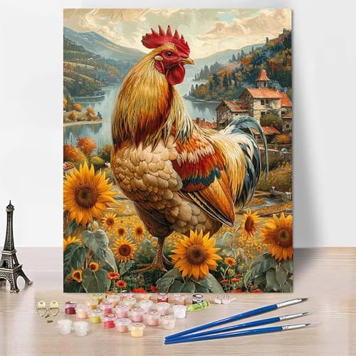 Malen Nach Zahlen Erwachsene Sonnenblume Malen Nach Zahlen, Paint by Numbers Hahn Painting by Numbers Bastelset Erwachsene mit 3 Pinseln und Acrylfarbe für Zimmer Deko, Geschenke 30 X 40 CM -zp253G0 von Zeipopge