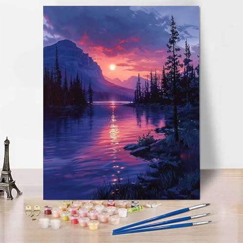 Malen Nach Zahlen Erwachsene Sonnenuntergang Malen Nach Zahlen, Paint by Numbers Berg Painting by Numbers Bastelset Erwachsene mit 3 Pinseln und Acrylfarbe für Zimmer Deko (30 x 40 cm) -zp253X4 von Zeipopge