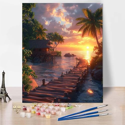 Malen Nach Zahlen Erwachsene Sonnenuntergang Malen Nach Zahlen, Paint by Numbers Landschaft Painting by Numbers Bastelset Erwachsene mit 3 Pinseln und Acrylfarbe für Zimmer Deko (20x30cm) -zp2536N von Zeipopge