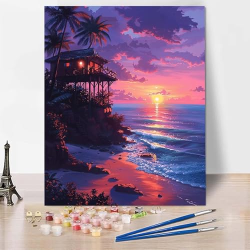 Malen Nach Zahlen Erwachsene Sonnenuntergang Malen Nach Zahlen, Paint by Numbers Landschaft Painting by Numbers Bastelset Erwachsene mit 3 Pinseln und Acrylfarbe für Zimmer Deko (70x95cm) -zp25381 von Zeipopge