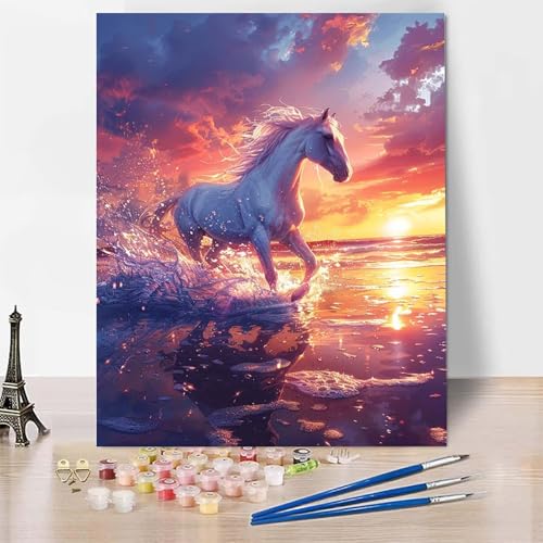 Malen Nach Zahlen Erwachsene Sonnenuntergang Malen Nach Zahlen, Paint by Numbers Pferd Painting by Numbers Bastelset Erwachsene mit 3 Pinseln und Acrylfarbe für Zimmer Deko 40 x 50 cm -zp253232P52 von Zeipopge