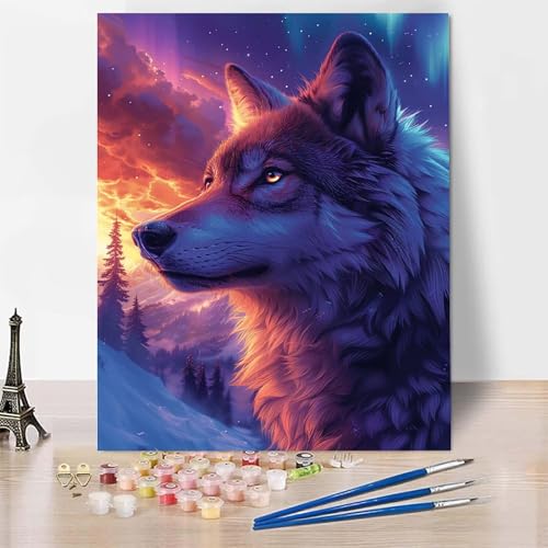 Malen Nach Zahlen Erwachsene Wolf Malen Nach Zahlen, Paint by Numbers Aurora Painting by Numbers Bastelset Erwachsene mit 3 Pinseln und Acrylfarbe für Zimmer Deko, Geschenke (20x30cm) -zp253D4812C von Zeipopge