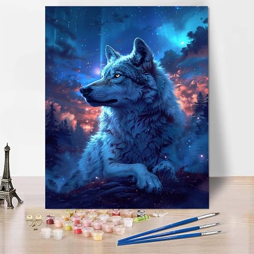 Malen Nach Zahlen Erwachsene Wolf Malen Nach Zahlen, Paint by Numbers Aurora Painting by Numbers Bastelset Erwachsene mit 3 Pinseln und Acrylfarbe für Zimmer Deko, Geschenke (70x95cm) -zp2533445JR von Zeipopge