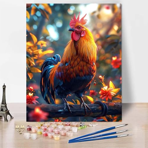 Malen Nach Zahlen Tier Malen Nach Zahlen Erwachsene, Paint by Numbers Hahn Paint by Numbers Adult Inklusive 3 Pinsel und Acrylfarbe für Zimmer Deko Wohnzimmer, Geschenke für Frauen (30x40cm) -zp253J4 von Zeipopge