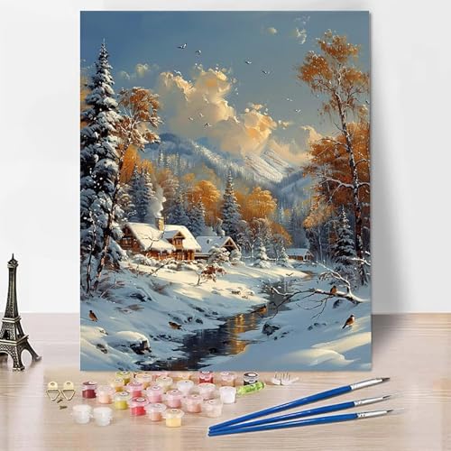 Malen Nach Zahlen Winter Malen Nach Zahlen Erwachsene, Paint by Numbers Häuser Paint by Numbers Adult Inklusive 3 Pinsel und Acrylfarbe für Zimmer Deko Wohnzimmer, Geschenke (60x80cm) -zp2530G3921 von Zeipopge