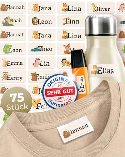 Wasch- & Spülmaschinenfest (75x Stück) Namensaufkleber Kinder Kleidung - Dermatologisch getestete Namensaufkleber Schule - 100% aus Deutschland Namensetiketten Schule Aufkleber Namen Kinder beige von Zeitloos