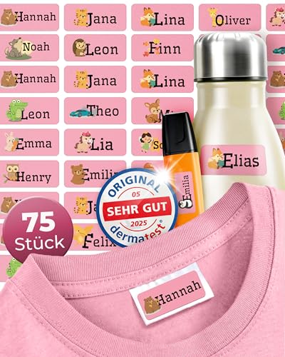 Wasch- & Spülmaschinenfest (75x Stück) Namensaufkleber Kinder Schule - Dermatologisch getestete Namensaufkleber Schule -100% aus Deutschland Namensetiketten Schule - Aufkleber Namen Kinder pink von Zeitloos