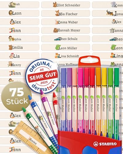 Wasch- & Spülmaschinenfest (75x Stück) Namensaufkleber Stifte - Dermatologisch getestete Namensaufkleber Schule - 100% aus Deutschland Namensetiketten Schule - Aufkleber Namen Kinder beige von Zeitloos