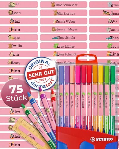 Wasch- & Spülmaschinenfest (75x Stück) Namensaufkleber Stifte - Dermatologisch getestete Namensaufkleber Schule - 100% aus Deutschland Namensetiketten Schule - Aufkleber Namen Kinder pink von Zeitloos