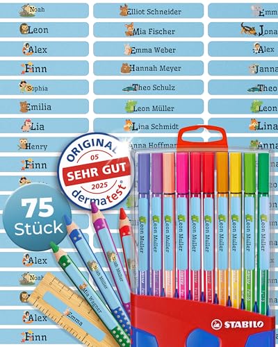 Wasch- & Spülmaschinenfest (75x Stück) Namensaufkleber Stifte - Dermatologisch getestete Namensaufkleber Schule - 100% aus Deutschland Namensetiketten Schule - Aufkleber Namen Kinder blau von Zeitloos
