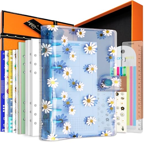 Zelten A6/A5 6 Löcher, bunter PVC-Einband, runder Ringordner mit Schnappverschluss, Loseblattordner, persönlicher Organizer (Blue Daisy, A5 Gift Box) von Zelten