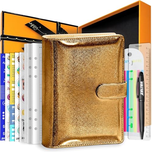 Persönlicher Notizbuch-Planer aus PU-Leder mit 67 Seiten, lose Blätter, 6 Löcher, Ringbuch, Stifthalter, Magnetschnalle (brauner Glitzer, A5-Geschenkbox) von Zelten