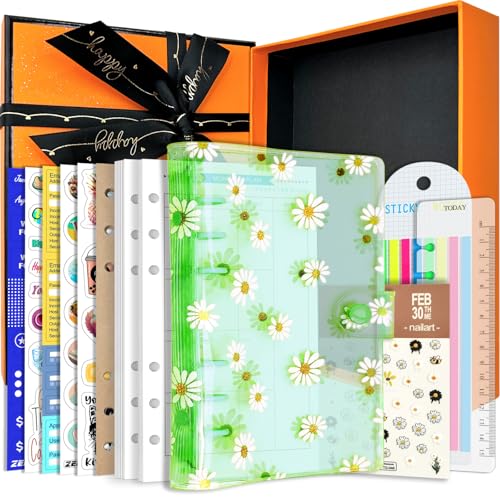 Zelten A6/A5 6 Löcher, bunter PVC-Einband, runder Ringordner mit Schnappverschluss, Loseblattordner, persönlicher Organizer (Green Daisy, A5 Gift Box) von Zelten