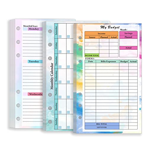 Zelten Bunt Lose-Blatt-Lochpapier-Nachfüllpackungen Papier für 6-Loch-Binder Persönlicher Organizer Tagebuch Notizbuch Nachfüllbarer Planer (Budget Weekly Monthly Planner, A6) von Zelten