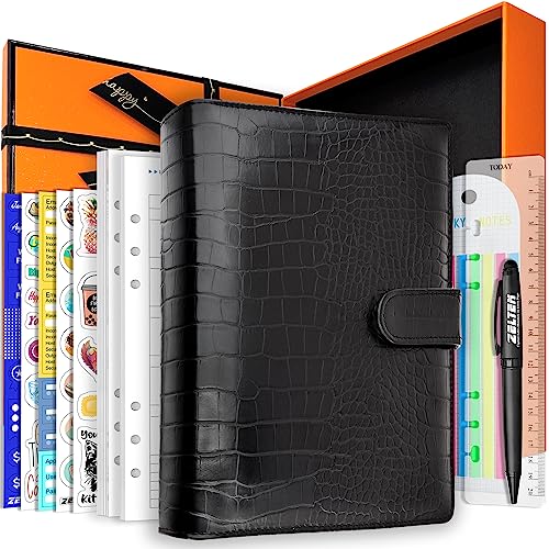 Zelten PU Leder Persönliches Notizbuch Planer mit 67 Seiten Planer Papiere 6 Löcher Ringbinder Stifthalter Magnetische Schnalle (Black Faux Crocodile Texture, A5 Gift Box) von Zelten