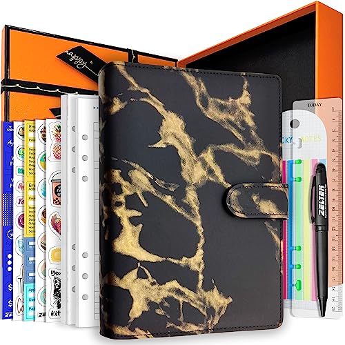 Zelten PU Leder Persönliches Notizbuch Planer mit 67 Seiten Planer Papiere 6 Löcher Ringbinder Stifthalter Magnetische Schnalle (Black Marble, A5 Gift Box) von Zelten