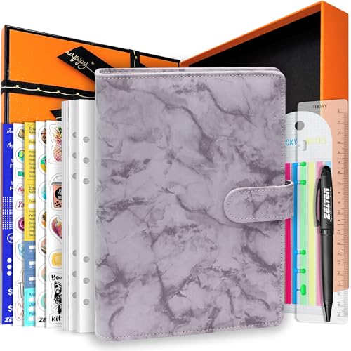 Zelten PU Leder Persönliches Notizbuch Planer mit 67 Seiten Planer Papiere 6 Löcher Ringbinder Stifthalter Magnetische Schnalle (Gray Marble, A5 Gift Box) von Zelten
