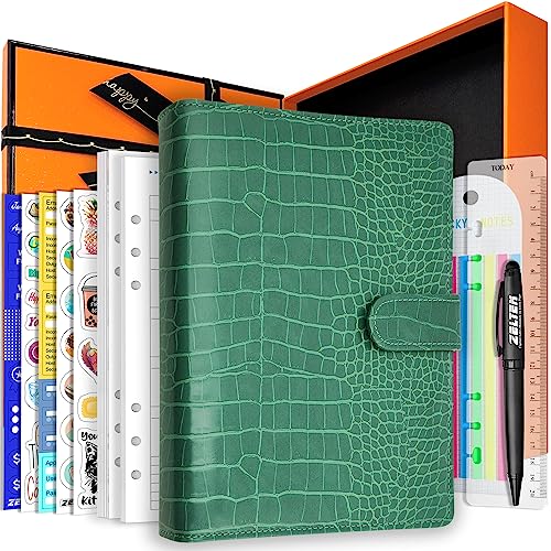 Zelten PU Leder Persönliches Notizbuch Planer mit 67 Seiten Planer Papiere 6 Löcher Ringbinder Stifthalter Magnetische Schnalle (Green Faux Crocodile Texture, A5 Gift Box) von Zelten