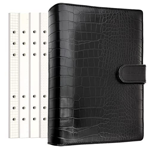Zelten PU Leder Persönliches Notizbuch Planer mit 80 Seiten Lose-Blatt-Papiere 6 Löcher Ringbuch Stifthalter Magnetische Schnalle (Black Faux Crocodile Texture, A5 Mini) von Zelten