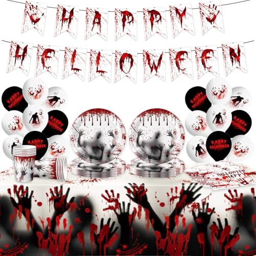Halloween Partygeschirr Set, Pappgeschirr Pappteller Becher Servietten, Halloween Deko Tisch Geburtstag Set für Kinder Mädchen Jungen (Rot C) von Zempertoopa