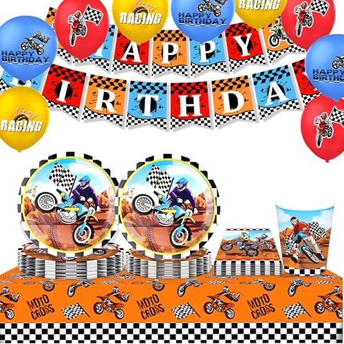 Motorrad Partygeschirr,Motorrad Geburtstag Partyzubehörsets, Partygeschirr Kindergeburtstag, für Kindergeburtstag Party Dekoration Geburtstagsdeko 10 Gäste (Motorrad-3) von Zempertoopa