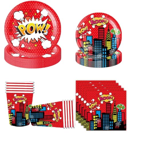 Superhelden Partygeschirr Set, Deko Geburtstag, Kinder Partygeschirr Party Supplies Set, Cartoon Geburtstag Deko (Rot-C) von Zempertoopa