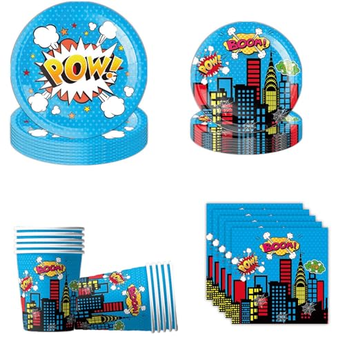 Superhelden Partygeschirr Set, Deko Geburtstag Partygeschirr, Kinder Partygeschirr Party Supplies Set, Cartoon Geburtstag Deko (Blau) von Zempertoopa