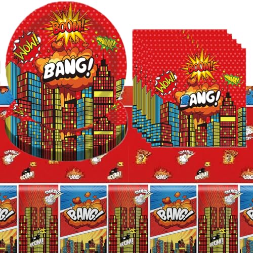 Superhelden Partygeschirr Set, Deko Geburtstag Partygeschirr, Kinder Partygeschirr Party Supplies Set, Cartoon Geburtstag Deko (Rot-1) von Zempertoopa