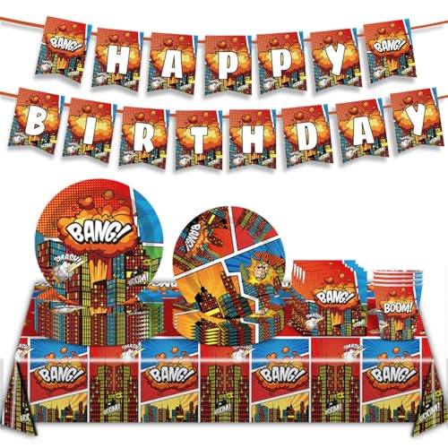 Superhelden Partygeschirr Set, Deko Geburtstag Partygeschirr, Kinder Partygeschirr Party Supplies Set, Cartoon Geburtstag Deko (Rot-2) von Zempertoopa