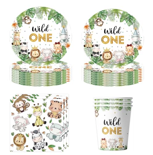 Zempertoopa Dschungel Safari Party Geschirr, 20pcs 7 Zoll Dschungel Dessertteller, 20 Servietten, 10 Pappbecher, Grüne Tierdruck Deko für Babypartys von Zempertoopa