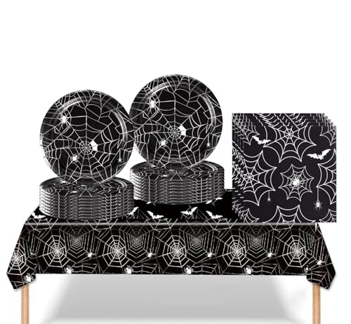 Zempertoopa Halloween Partygeschirr Set, Pappgeschirr Pappteller Becher Servietten, Halloween Deko Tisch Geburtstag Set für Kinder Mädchen Jungen (Schwarz B) von Zempertoopa